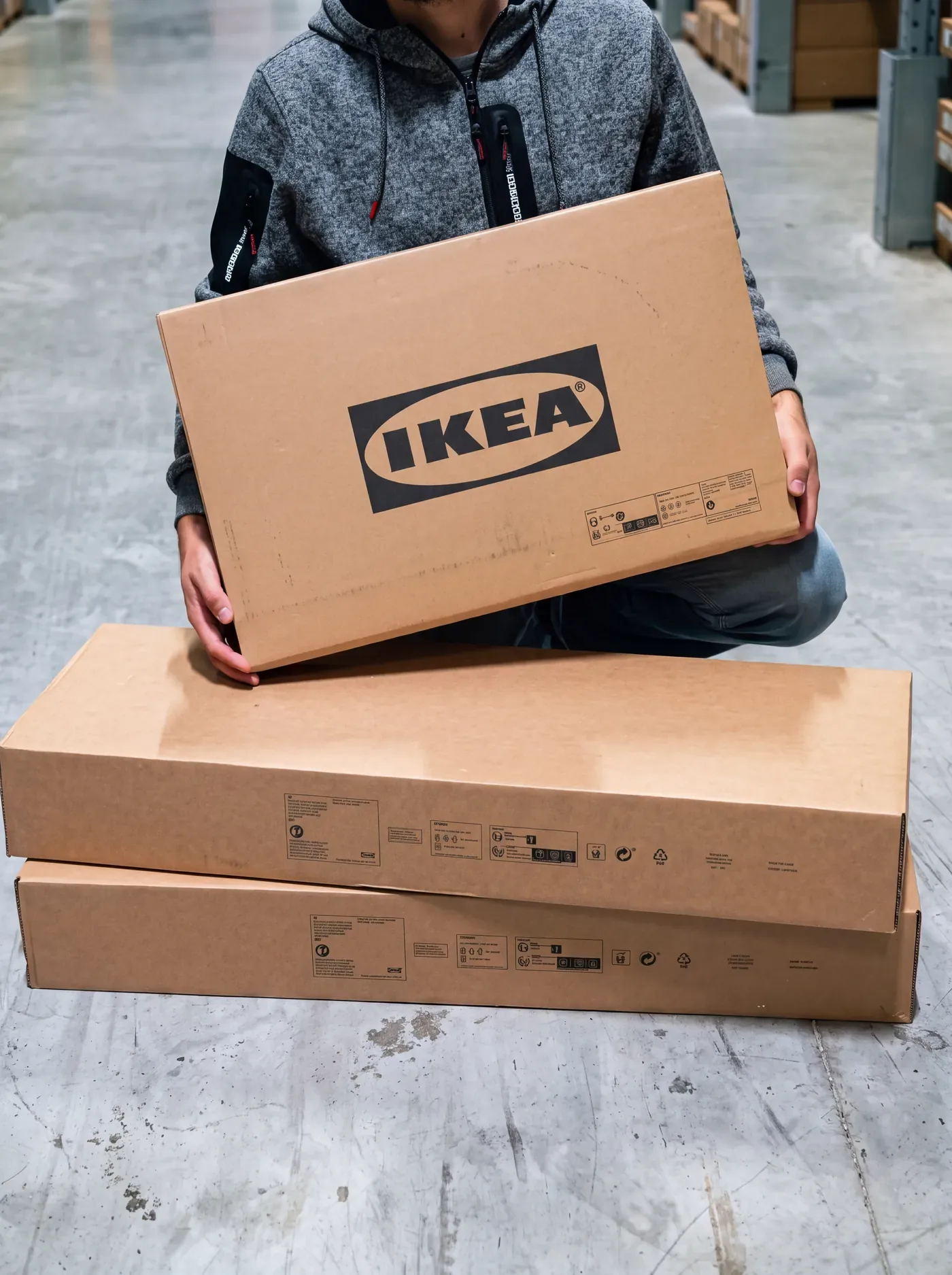 Flat-pack furniture cartons stacked ready for consolidation